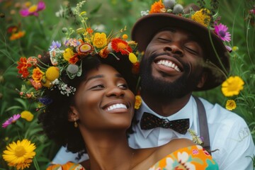Cheerful couple with flower adornments sharing a tender moment surrounded by vibrant flora