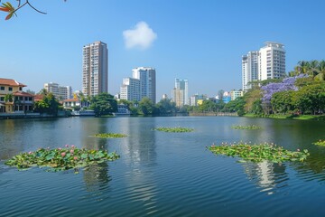 Obraz premium Iconic lotus tower and picturesque landscape by the lake in central colombo, sri lanka, skyscrapers, waterfront, downtown, cityscape