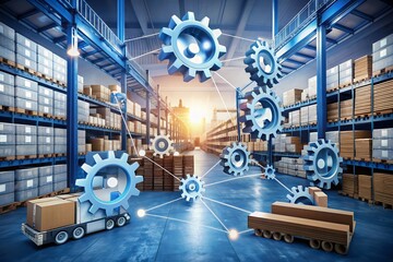 Interconnected gears, warehouse shelves, and cargo ships illustrate the seamless flow of goods and services from production to delivery, ensuring timely customer satisfaction.