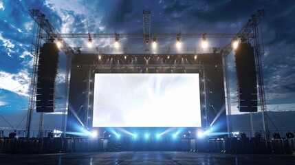 Stage concert large modern rigging and white blank screen technology,sound system,lighting power background wallpaper AI generated image