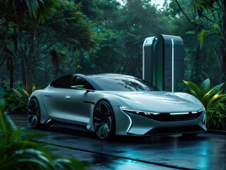 Green Machine: Eco-Friendly Electric Car Plugged In - Lush Greenery Surrounds. Modern Electric Car Stations - Powering a Greener Future. generative AI