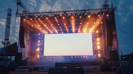 Stage concert large modern rigging and white blank screen technology,sound system,lighting power background wallpaper AI generated image