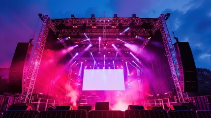 Stage concert large modern rigging and white blank screen technology,sound system,lighting power background wallpaper AI generated image