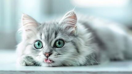 Cute cat kitten lying on the floor sticking out its tongue background wallpaper AI generated image