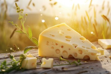 Backlit swiss cheese wedge with holes on wood, warm sunset ambiance, with dices and nature backdrop