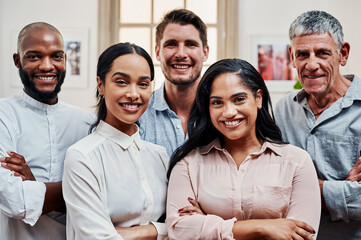 Obraz premium Business people, confident or portrait in leadership, teamwork or collaboration for global creative startup. Smile, arms crossed or diversity group for company about us, unity or inclusive solidarity