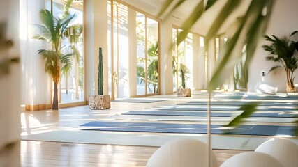 A bright and airy yoga studio with mirrors and mats where guests can attend a rejuvenating yoga class.