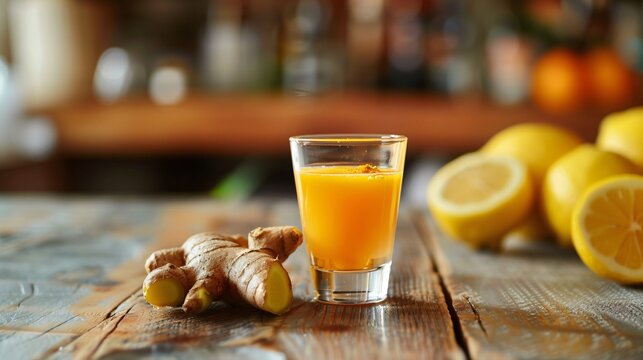A daily detox shot with ginger, turmeric, and lemon juice in a small glass