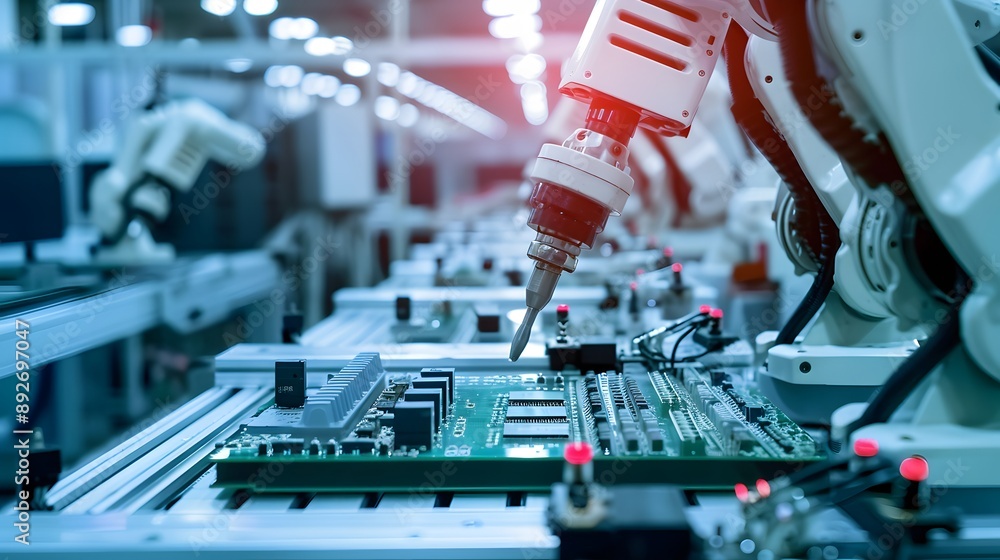 Aufkleber manufacturing automation. advanced high precision robot arms on automated pcb assembly line inside m