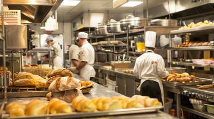 Freshly Baked Bread in a Busy Commercial Kitchen