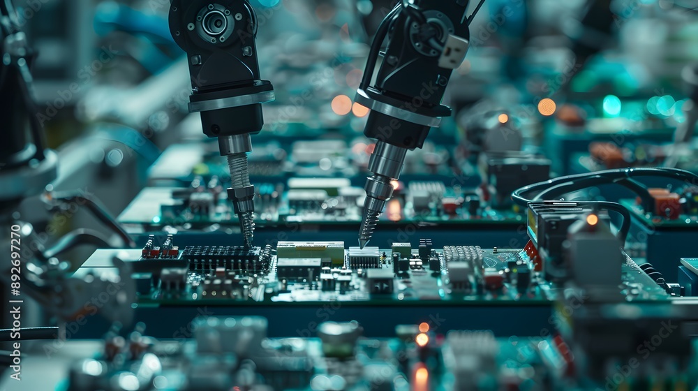 Poster manufacturing automation. advanced high precision robot arms on automated pcb assembly line inside m