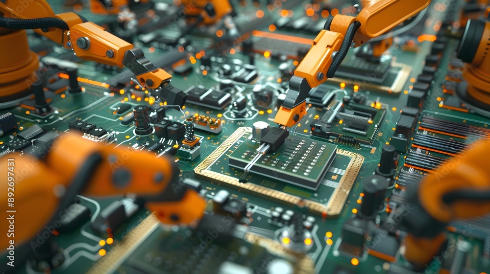 Aufkleber manufacturing automation. advanced high precision robot arms on automated pcb assembly line inside m