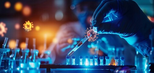 Lab assistant preparing slides with virus samples, laboratory preparation, concept