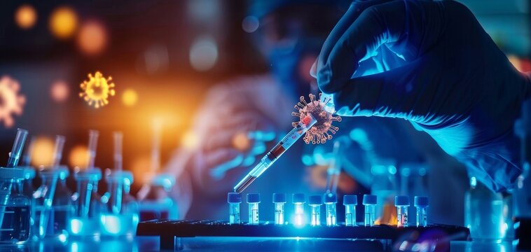 Lab assistant preparing slides with virus samples, laboratory preparation, concept