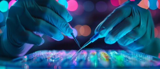 Closeup of a scientist s hands handling virus samples with tweezers, precise handling, concept