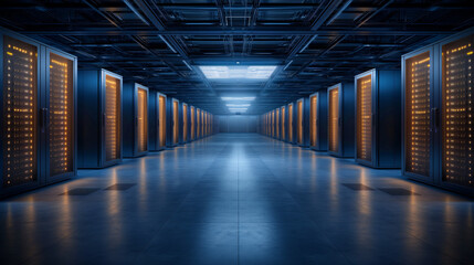 A large room with many computers and a blue ceiling