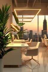 Obraz premium A modern office with a large window overlooking the city. The room is filled with white furniture and has a minimalist design