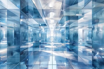 Futuristic Blue Glass Corridor with Reflective Surfaces and Modern Design
