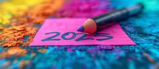 2025 Text Written with Black Marker on Fluorescent Pink Sticky Note