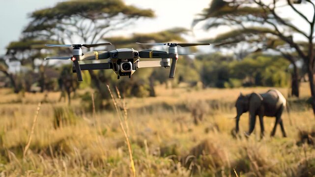 AI-powered drone with camera monitoring wildlife in a protected area. The technology helps track animal movements, detect poaching activities, and preserve biodiversity
