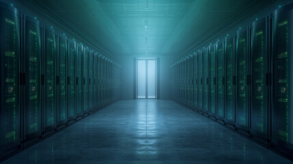 A large room with many computer servers and a door in the middle