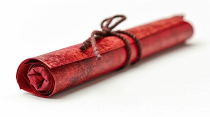 A rolled-up red parchment tied with a brown string, isolated on a white background, evoking a sense of mystery and tradition