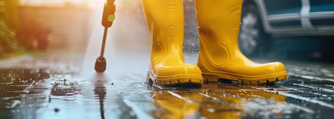 Worker in rubber boots cleaning driveway wallpaper background