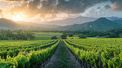 Fototapeta premium A picturesque vineyard at sunrise with lush green rows of grapevines extending towards the horizon, framed by mountains and a vibrant sky