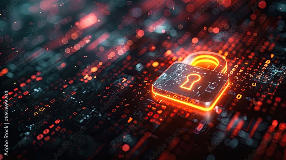 Poster a glowing red lock symbol on a digital background representing cybersecurity and data protection