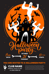 Halloween party poster, flyer with Scary Haunted Mansion with ghosts and full moon. Halloween party banner design template.