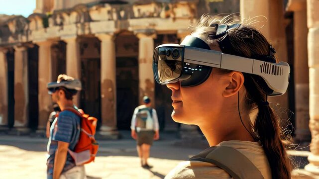 Tourists using augmented reality headsets explore ancient ruins. headsets enhance their experience by overlaying historical information and 3d visualizations.