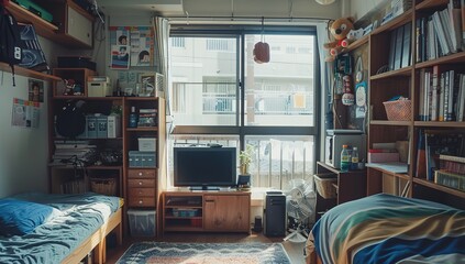 Bright and Inviting University Dorm Room in Japan with Wooden Furniture, Soft Pastel Colors, and Cozy Study Area Reflecting College Life