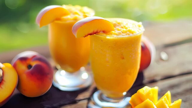 Two glasses of vibrant peach and mango smoothies garnished with peach slices on wooden table surrounded by fresh fruit on sunny day.