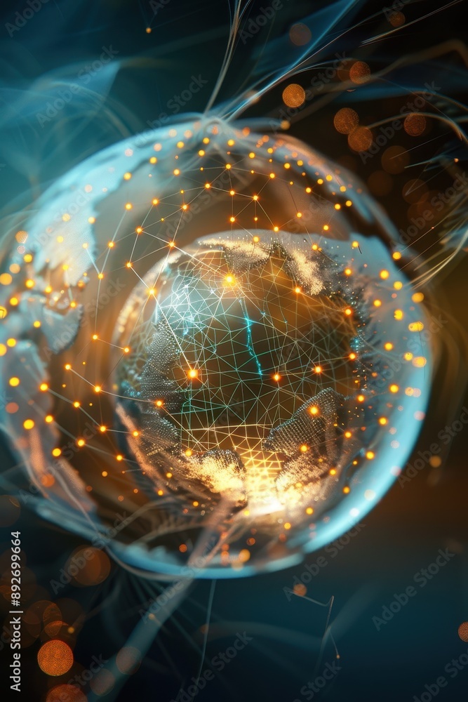 Poster a glowing sphere with a network of lines surrounding it. the sphere is blue and orange. concept of t