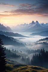 Obraz premium Mountain Mystery: Dawn Mist Shrouds a Majestic Mountain Landscape. Pine Peaks Peek Through. generative AI