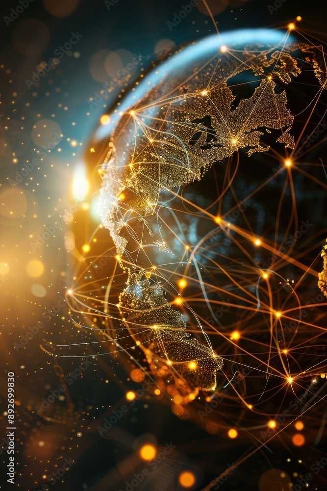 Poster a glowing sphere with a network of lines surrounding it. the sphere is blue and orange. concept of t
