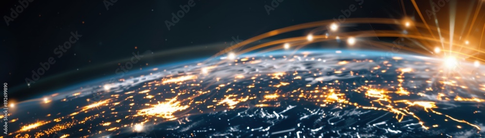 Poster a glowing sphere with a network of lines surrounding it. the sphere is blue and orange. concept of t