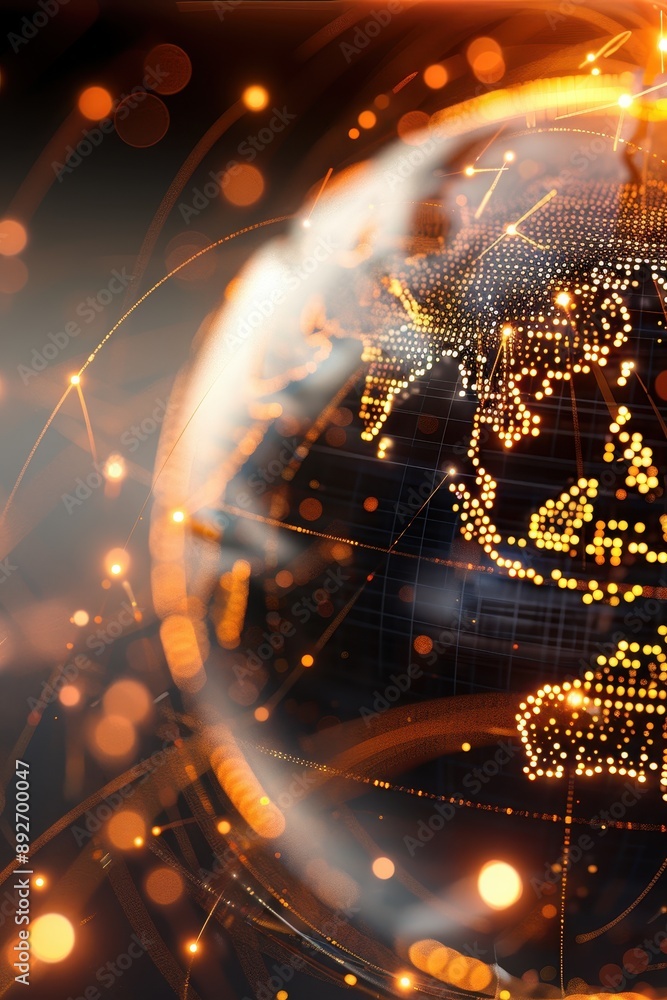 Poster a glowing sphere with a network of lines surrounding it. the sphere is blue and orange. concept of t