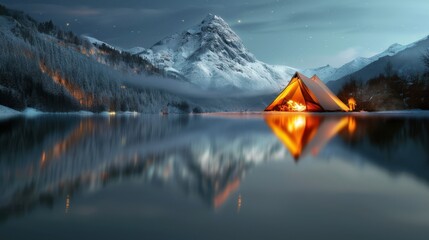 A small yellow tent is set up on a mountain top. The tent is surrounded by a lake and mountains. The scene is peaceful and serene, with the sun setting in the background