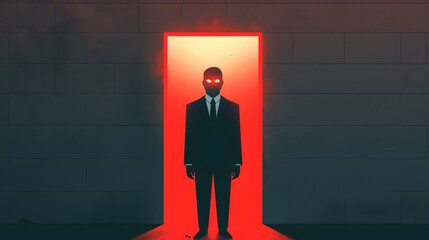 Obraz premium Man in Suit with Red Eyes Standing in a Doorway
