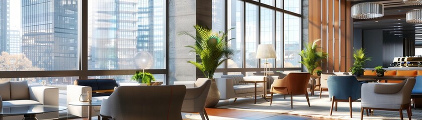 Fototapeta premium Stylish modern lounge with large windows, comfortable seating, and greenery, ideal for relaxation and social gatherings.