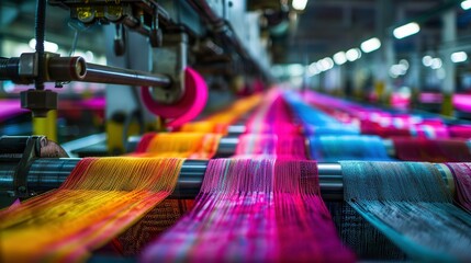 Vibrant textile production showcasing colorful threads weaving through machinery in a modern factory setting.