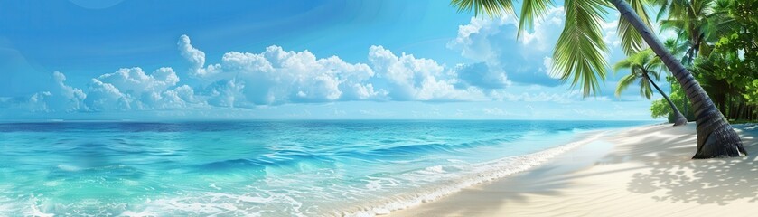 Obraz premium A serene tropical beach scene with palm trees, calm waves, and a clear blue sky, perfect for relaxation and escape.