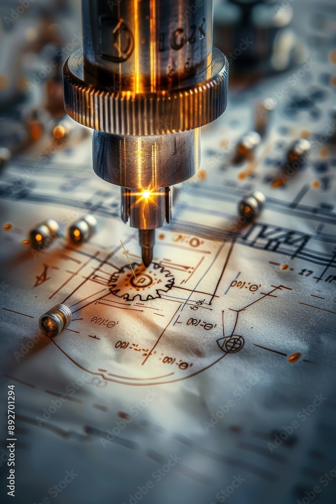 Poster a machine is drilling into a piece of paper. the paper is covered in small holes and the machine is 
