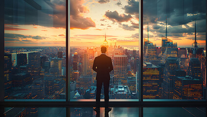 Fototapeta premium Successful Businessman in New York Style Office with Panoramic City View