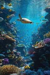 Fototapeta premium Ocean Oasis: Vibrant Coral Reef Teems with Exotic Fish & Graceful Sea Turtles. generative AI