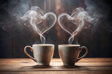 Tenderly entwined steam wisps rise from two coffee cups, forming a delicate heart shape, symbolizing love, warmth, and togetherness on special occasions.