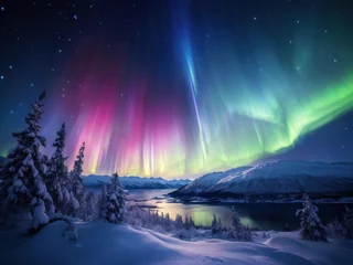 Printed kitchen splashbacks Arctic Majesty: Ethereal Northern Lights Dance Over a Snow-Blanketed Landscape. generative AI