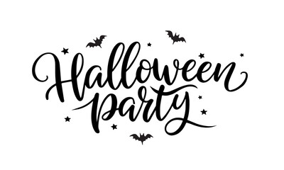 Halloween party, lettering calligraphy with bats isolated on white. Good for invitation party design, poster, banner or flyers