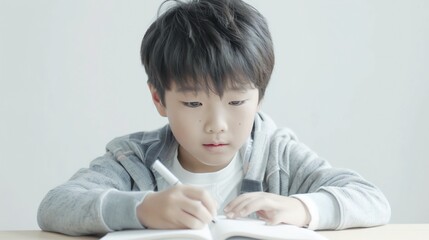 Young Boy Concentrating on Writing in Notebook